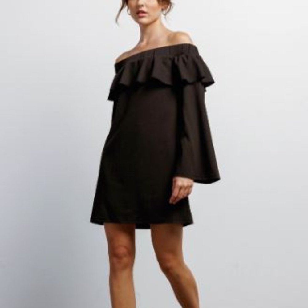#145 Black Off-The-Shoulder Ruffle Long Bell Sleeve Mini Dress
